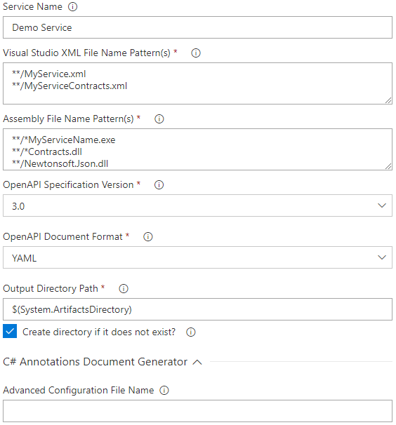 Build OpenAPI Document task input fields sample